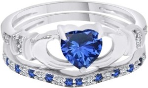 Authentic Simulated Blue Sapphire & White CZ Claddagh Ring Set in 14k White Gold Plated