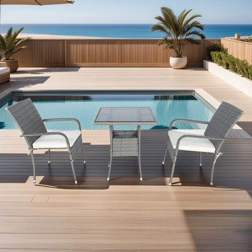 3 Piece Durable Patio Wicker Conversation Set Grey, Wicker + White Cushion