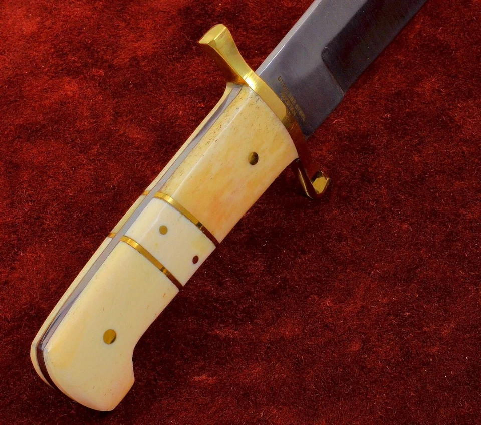 Real Bone Handle Bowie 2 Knife Set New Full Tang Fixed Blade and Leather Sheath - Image 2 of 4