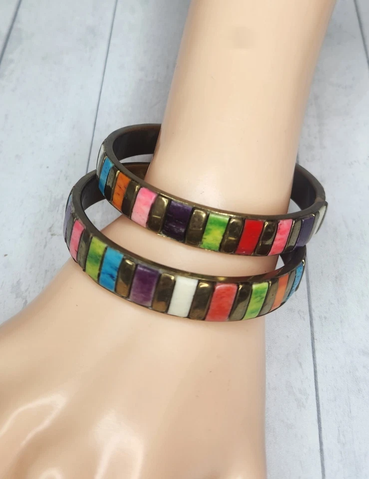 Brazalete Brazalete Vintage Latón e Incrustaciones Coloridas Mosaico Bohemio Chic Foto 4 de 4