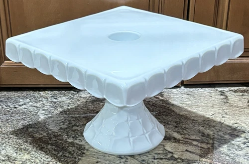 Vntg Indiana Constellation Milk Glass White Pedestal Square Cake Stand Rum Well