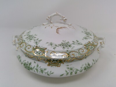 Henry Alcock Semi Porcelain ELITE Green Floral W/ Gold Accents Covered Casserole