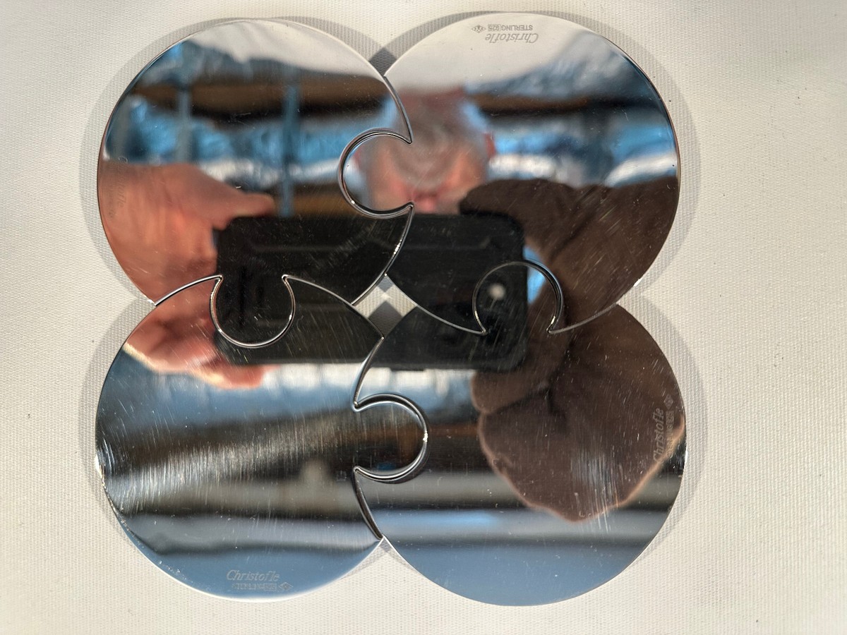 Set of 8 Christofle Exotic Wood and Sterling Puzzle Coasters with