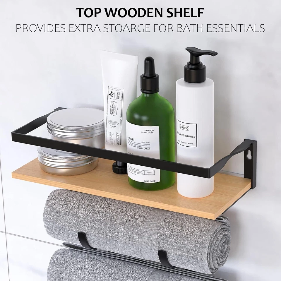 Toalleros para Toallas Enrolladas, Toallero de Pared de Baño con Estante de Madera y 3 H Foto 4 de 4