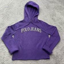 Polo Jeans Knit Sweater Womens M Vintage Ralph Lauren Purple Hoodie Spellout Y2K