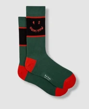 $30 Paul Smith Men's Green Orange Cotton Logo Print Italy 1-Pair Socks One Size