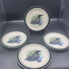 4 Folk Craft Stoneware Loon Lake Scotty Z Ceramic Salad Plates