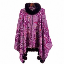 Wool Shawl Scarf Poncho Cape Real Fox Fur Pom Pom India Boho Purple 28  x 76  