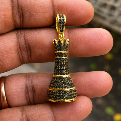2Ct Round Lab Created Black Diamond King Crown Chess Pendant14KYellow GoldPlated