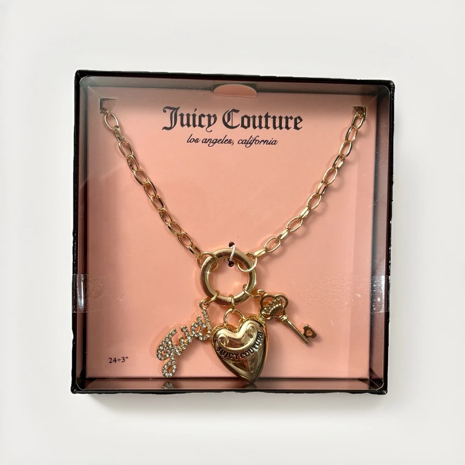 JUICY COUTURE Colar Berloque Elos Curvos de Ouro Coração Inchado Chave Strass CAIXA DE PRESENTE - Imagem 2 de 4