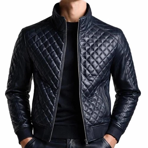 Men's Real Lambskin Leather Blue Flight Bomber Jacket Quilted Style Biker Coat - product listing photo