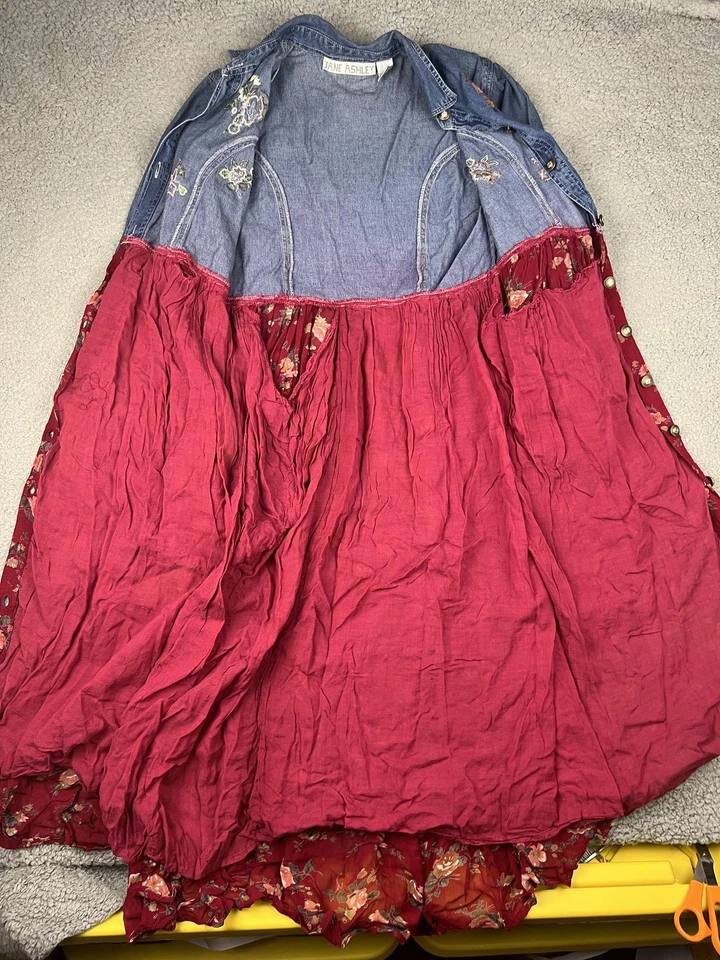 Jane Ashley Dress Womens Large Denim Button Front Red Floral Maxi Embroidered - Image 2 of 4
