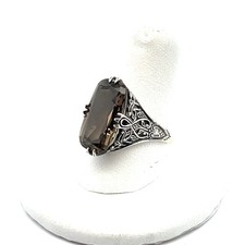 .925 Sterling Silver Smoky Quartz Filigree Ring Size - 9, 51.0g