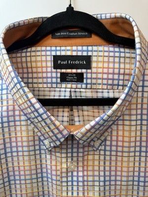 paul fredrick dress shirt Non Iron Check W Contrast Trim Size 22x 35 New 61