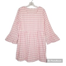 Urban Outfitters Pink Gingham Seersucker Bell Long Sleeve Mini Dress Medium Boho