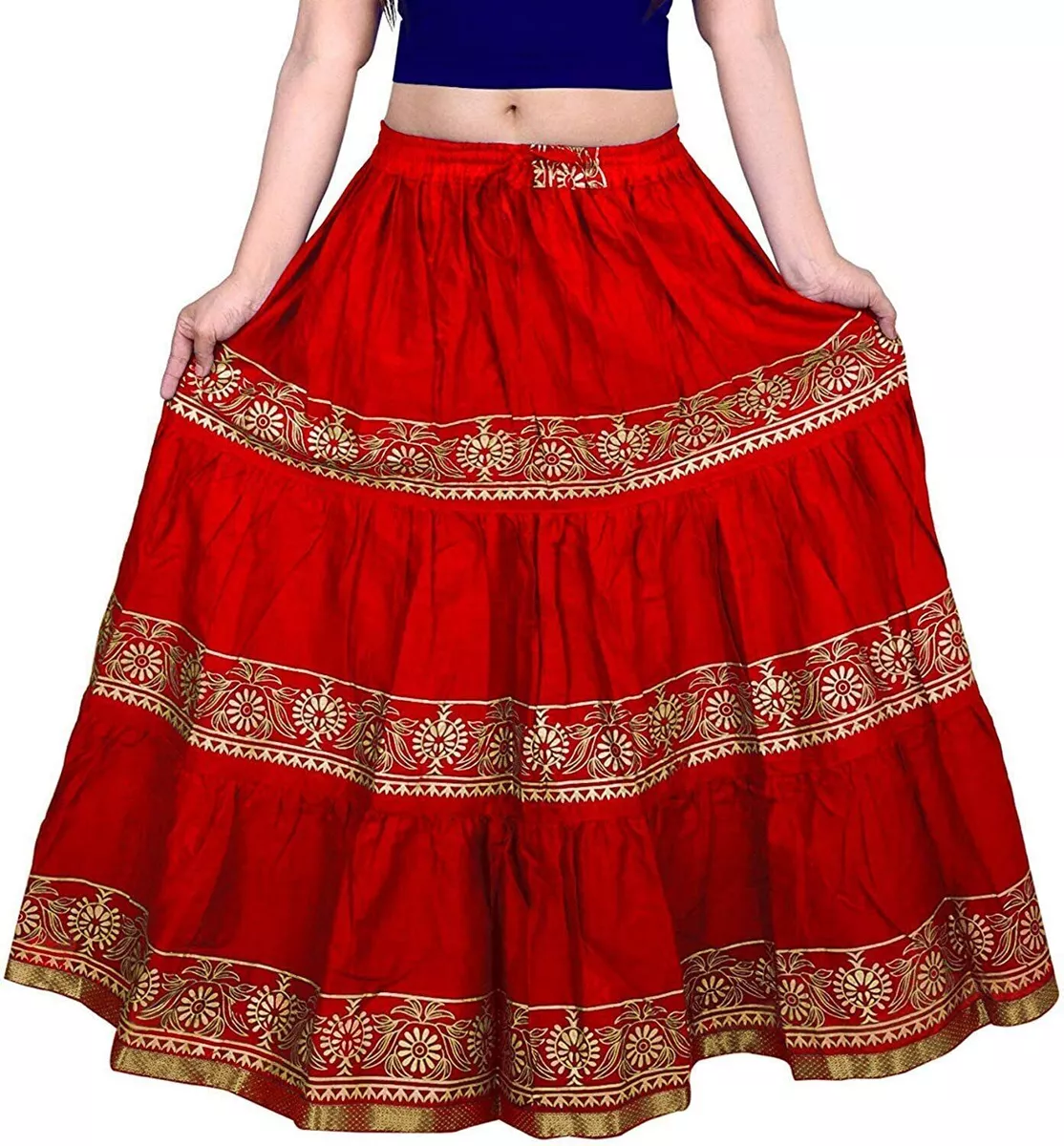 Rajasthani Jaipuri Traditional Ethnic Flared Gold Print Long Skirt Elastic Red