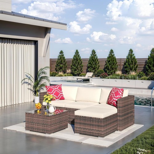 5-Piece Modern PE Wicker Patio Furniture Set with Glass Table for Garden & Yard