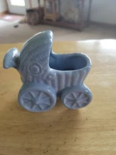 Vintage Blue Glazed Ceramic BABY Buggy Carriage Planter 