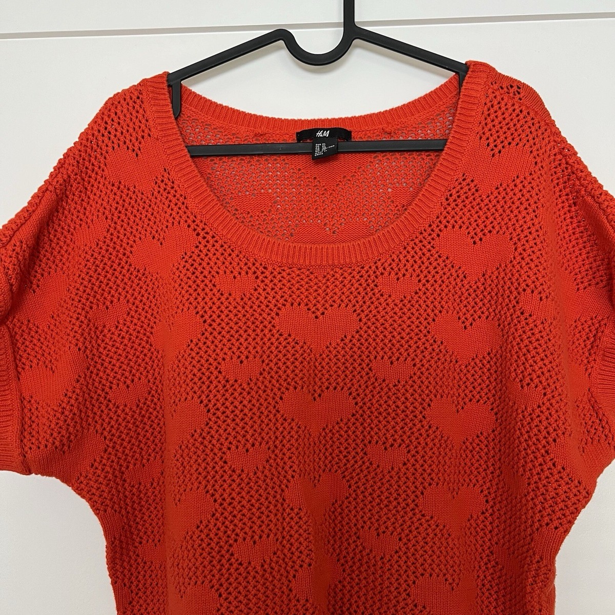 H&M Top Womens Sz XL Red Knit Crochet Short Sleeve Cotton Hearts