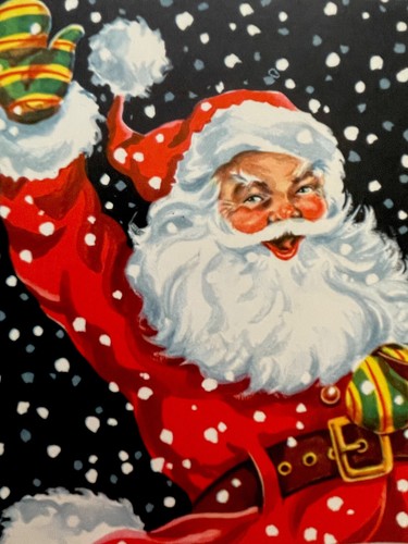 50s Snowy Night Jolly Santa Hello Vtg Christmas Greeting Card USED
