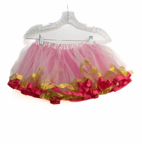 Girls Hot Pink & Gold Polyester Tutu Skirt Chiffon Lace Pull On Stretch Waist L - Picture 5 of 7