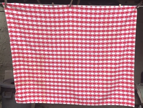 antique 100% Cotton RED & WHITE JACQUARD PLAID TABLECLOTH Picnic Woven 48" x 40