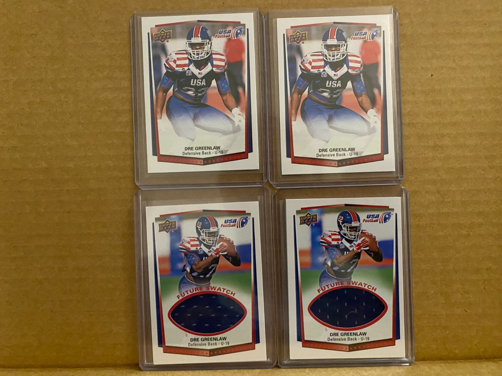Four 2015 Upper Deck USA Football Dre Greenlaw Rookie Cards Jersey and Base