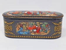 Palech Ceramic Trinket Box w/ Lid USSR 1990 CCCP Kovalov scarlet flowerpot
