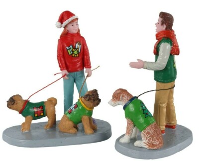 Lemax Christmas Village Festive Friends Walking Dogs & Chatting, Set of 2