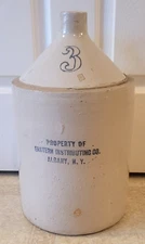 ANTIQUE 3 GALLON STONEWARE SALT GLAZED LIQUOR JUG EASTERN DISTRIBUTING ALBANY NY