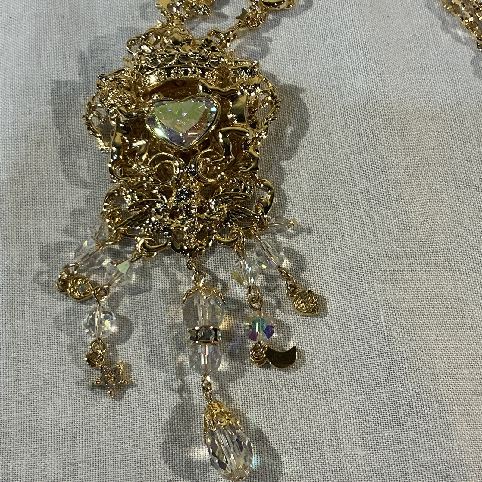 Kirks Folly QVC Medieval Gold Tone AB Crystal Heart Dangle Pin Brooch Necklace