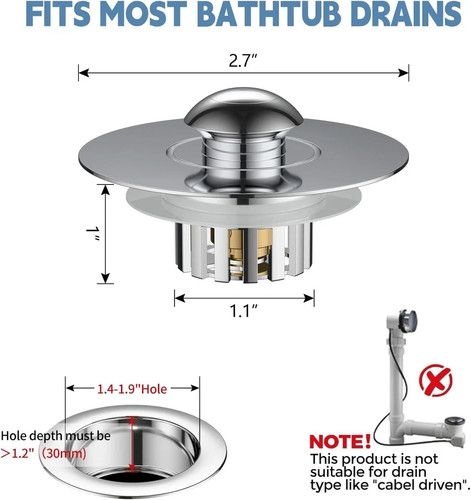 Universal Badewanne Abfluss Stopfen - Pop-Up Haarfänger Ersatz für Wanne - Bild 3 von 8