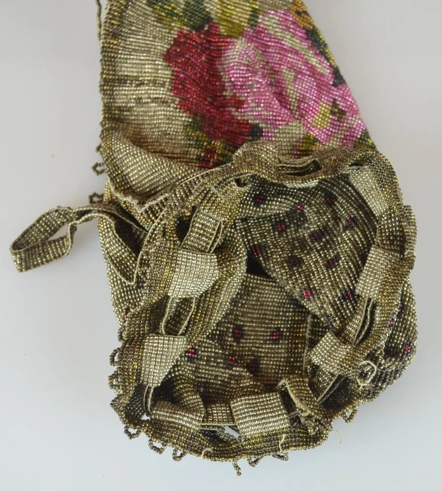 VICTORIAN MICRO BEAD FLORAL DRAWSTRING PURSE FLAPPER - 8" EXCLUDING TASSELS - Image 3 of 3