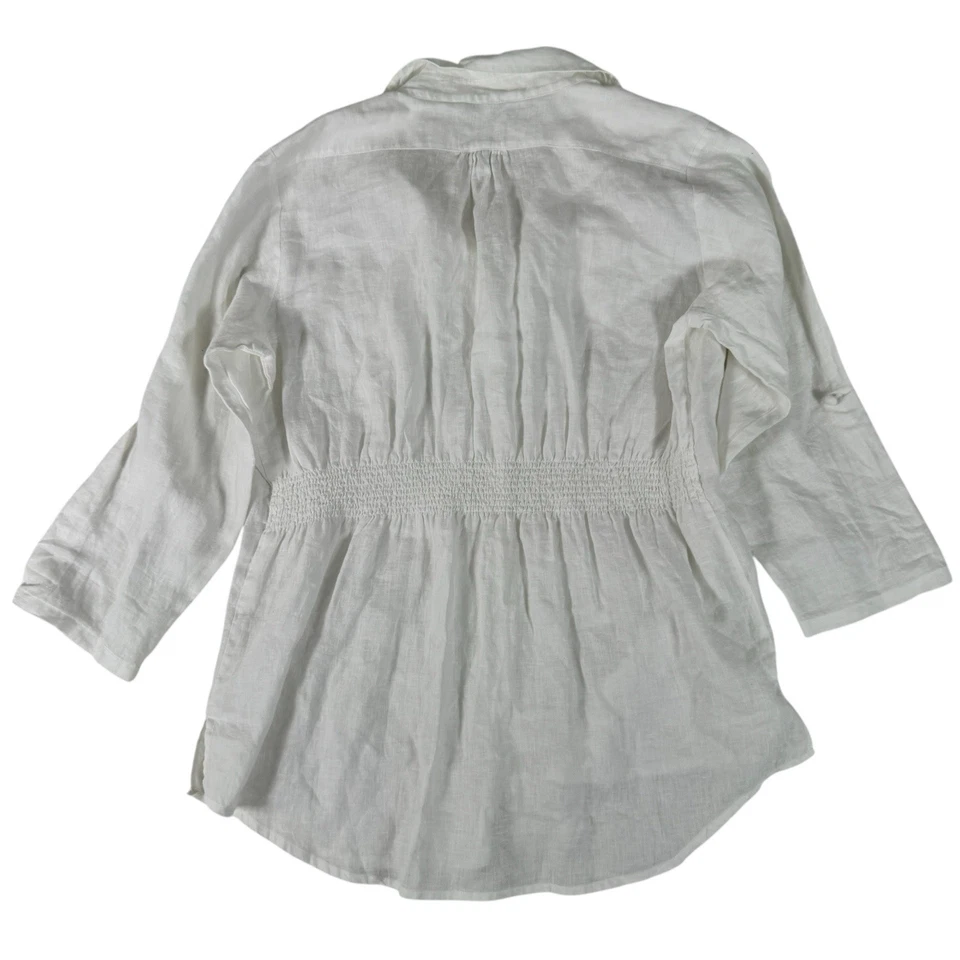 Blusa para mujer Cabi blanca 100 % lino cuello punta manga lengüeta talla grande Foto 2 de 4