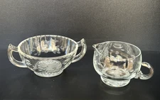 Clear Glass Creamer & Sugar Set with Etched Stylized Floral Design Vintage