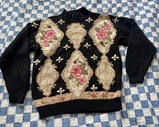 Vintage Floral Beldoch Popper Knit Sweater Womens Medium 90  s Kitschy Cottage