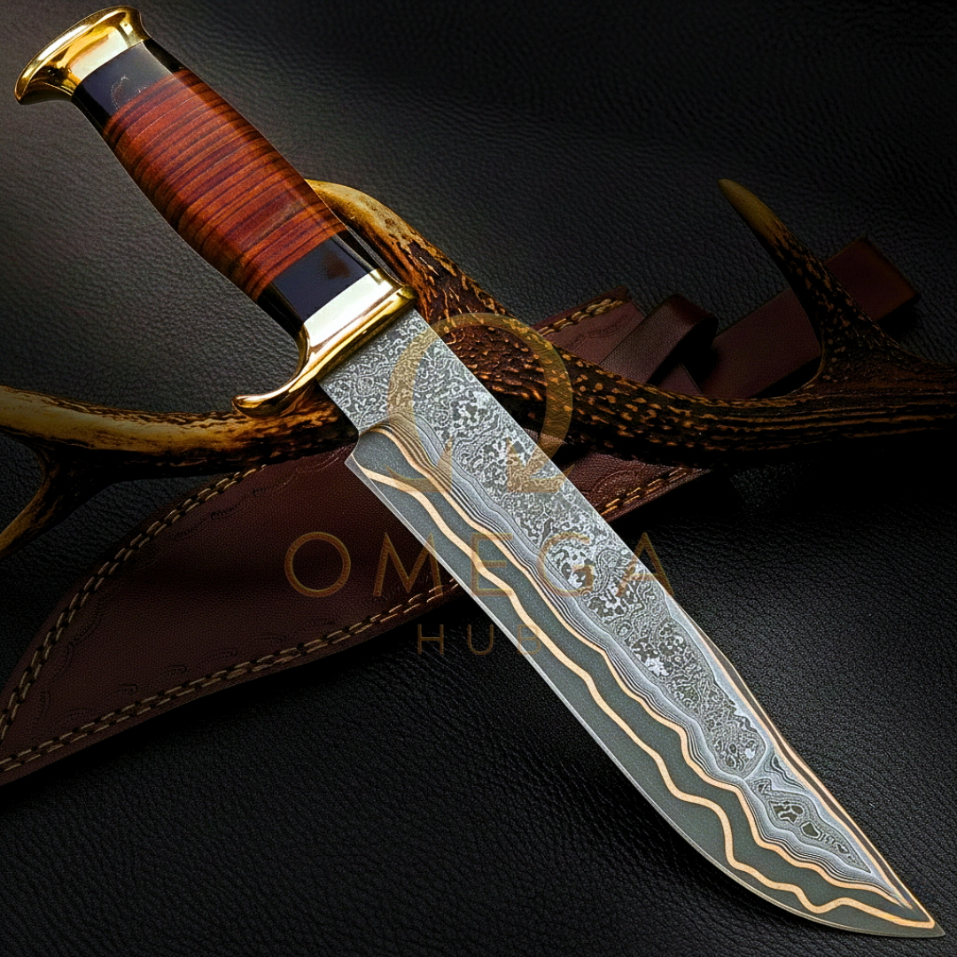 Jean Michel Cazabat Bowie Cosmo 未使用 Handmade Copper Damascus Crocodile Bowie Knife with Leather Sheath
