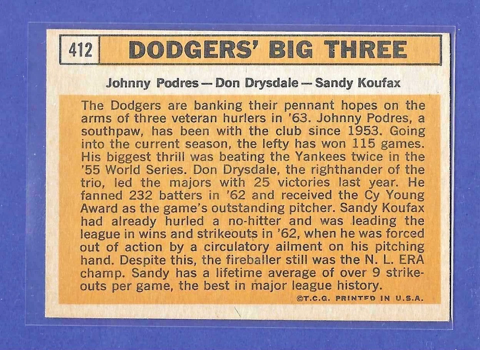 1963 Topps Sandy Koufax & Don Drysdale & Johnny Podres Dodgers Big Three #412 Foto 2 de 2