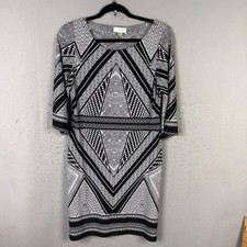 Calvin Klein Dress Womens 8 Black White Geometric Print Sheath 3/4 Sleeve