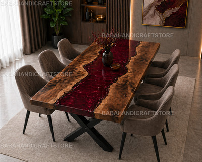 Walnut & Ruby Red Epoxy River Table | Live Edge Dining Table Custom Resin table