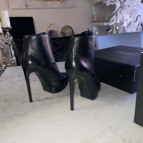Saint Laurent 37 Black Janis Oxford Nappa Leather Stiletto Lace Up Ankle Boots - Picture 10 of 16
