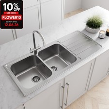 Sinkoro Inset Kitchen Sink 2 Double Square Bowl Stainless Steel Reversible Waste