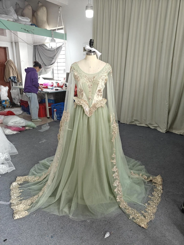 Fantasy Flare Sleeves Long Evening Dress Vintage Victorian Prom Gowns Gold Lace - Image 2 of 4