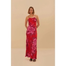 FARM Rio Maxi Dress Red Floral Print Spaghetti Strap Midi Length