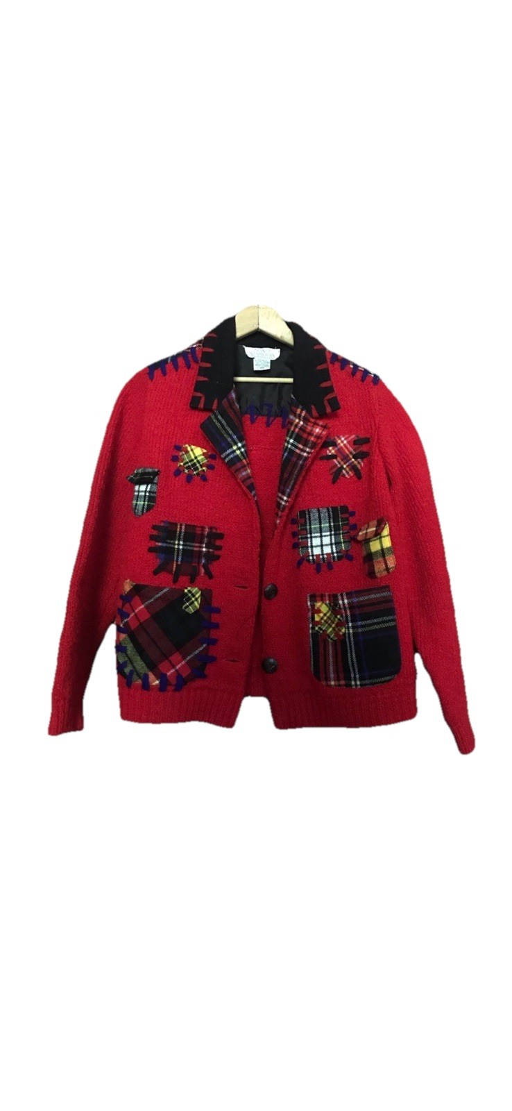 Sandy Starkman L Red Wool Patchwork Plaid Knit Ja… - image 1