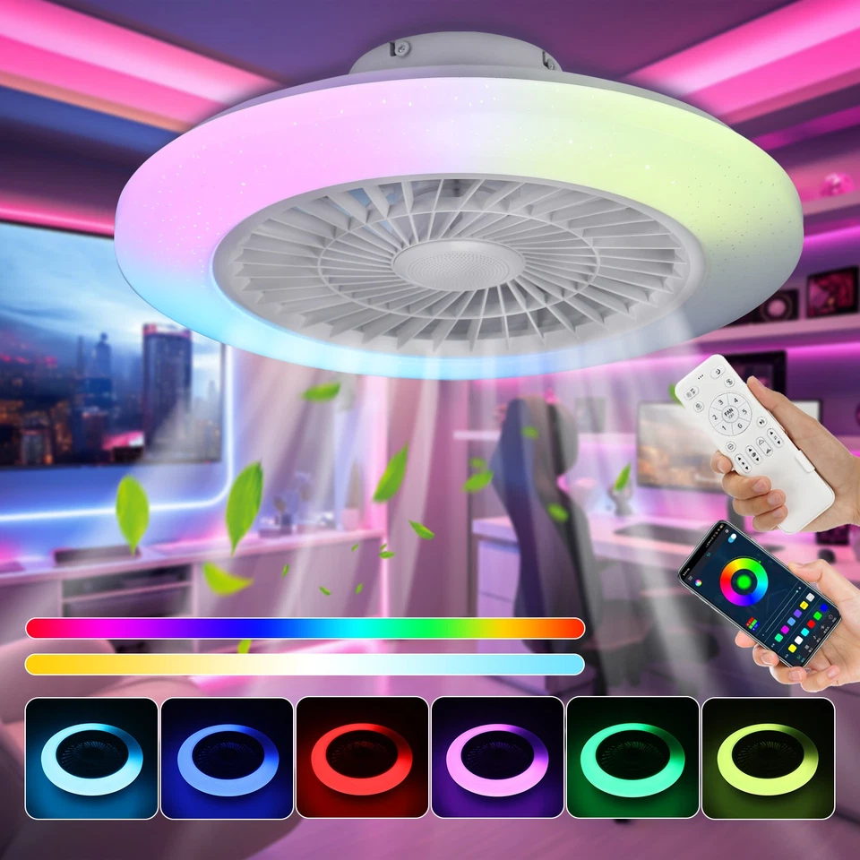 OYAJIA LED Ventilator RGB Musik Deckenlampe Leiser Deckenventilator Odwhchipugdfpsihugm