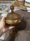 Vintage Amber Etched Depression Glass Candy Dish with Lid Gold Trim