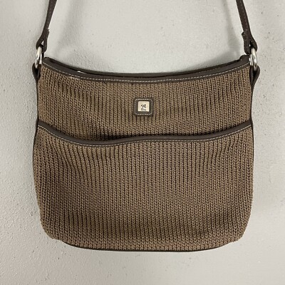 LINA Brown Woven Crochet Shoulder Bag Purse Zip Top Inner Outer