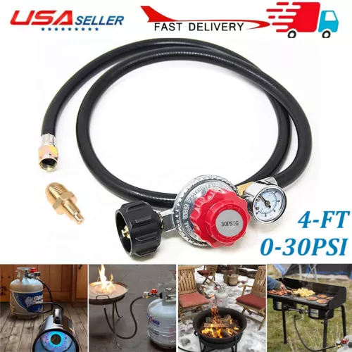 4FT 0-30PSI High Pressure Propane Gas Regulator Hose and PSI Gauge & 1/8" MNPT - Picture 1 of 8