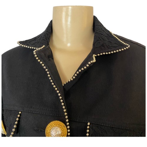 Vintage Y2K 90s Black Lace Jean Denim Jacket Studded Pearl Stone Buttons Small - Picture 4 of 10